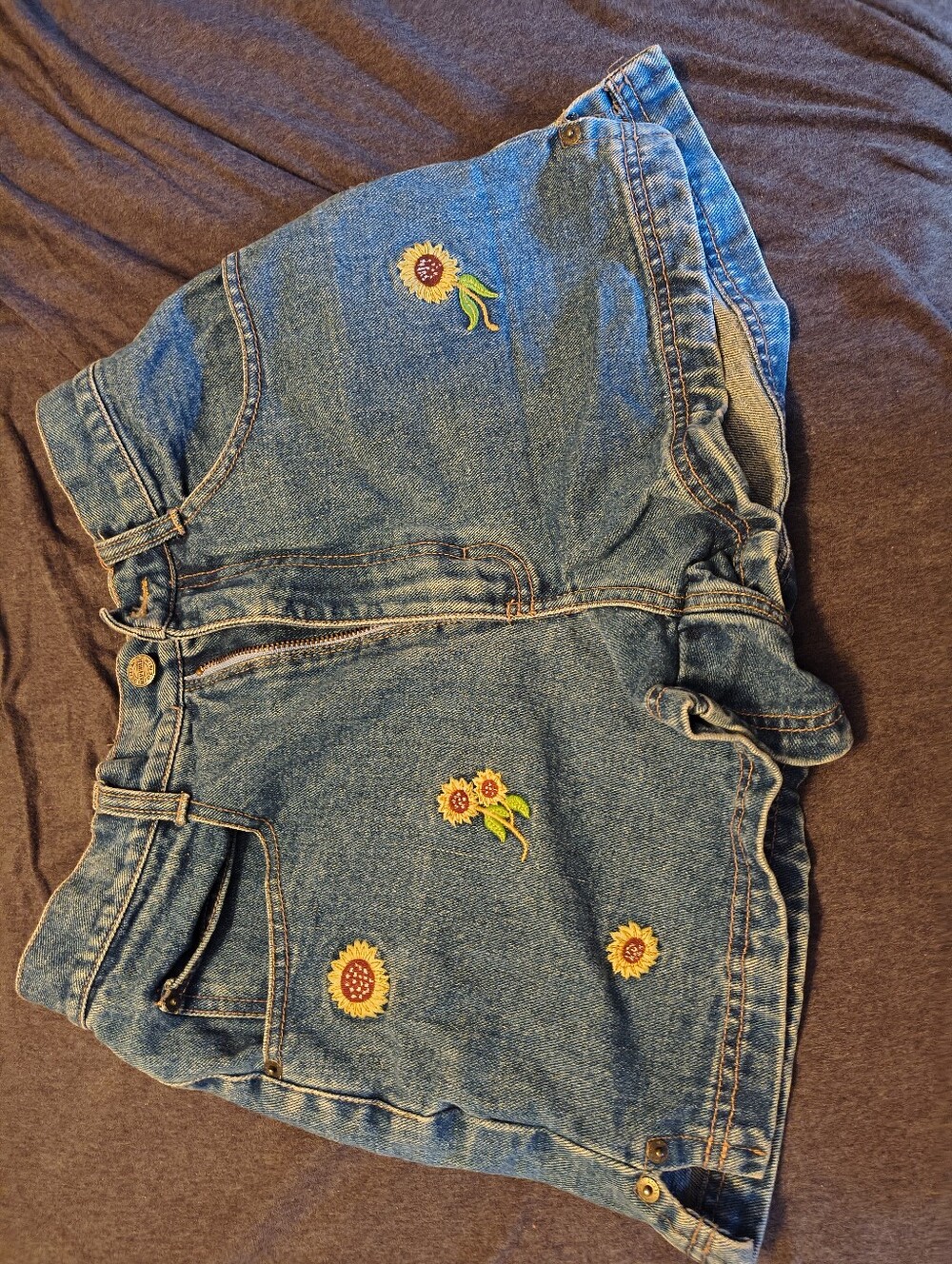 Sunflower Embroidered Denim Jean Shorts - Blue